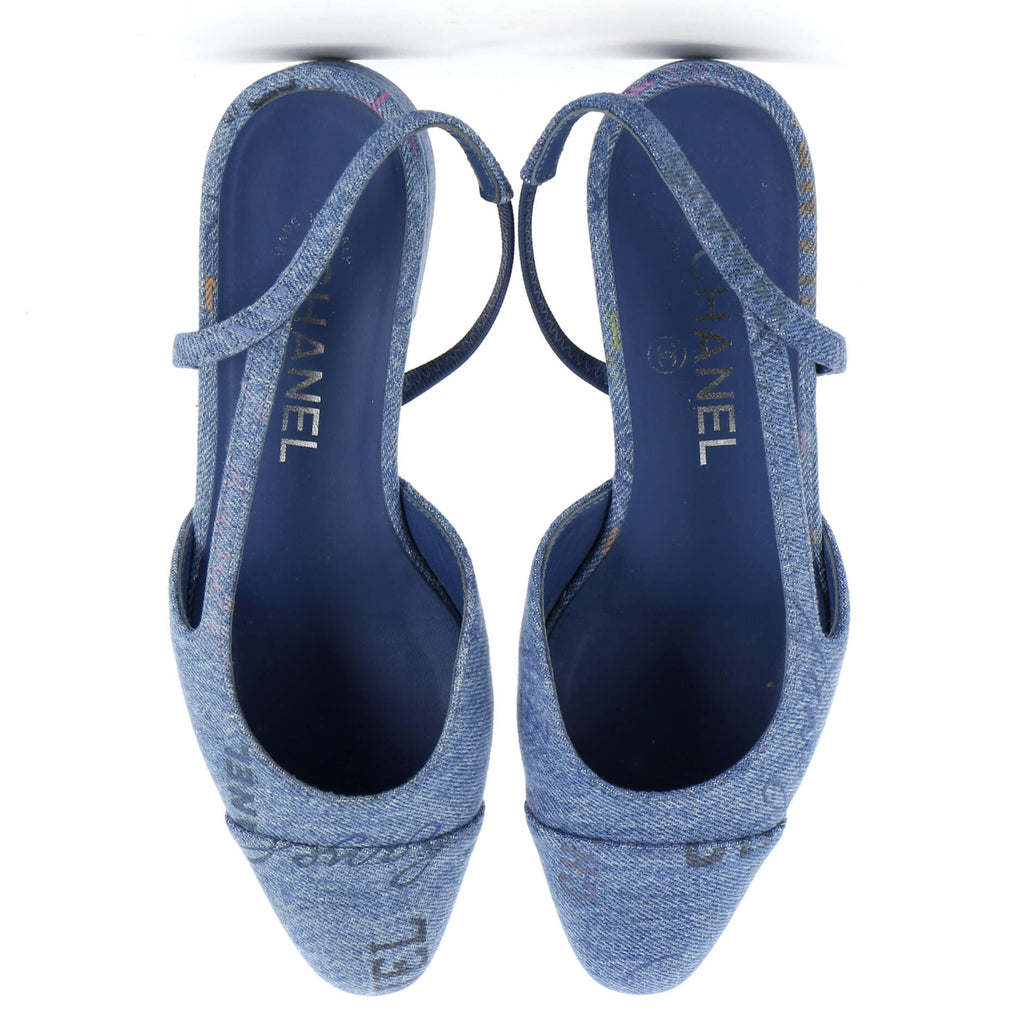 Women's Denim Mood Cap Toe Slingback Flats Logo Printed Denim