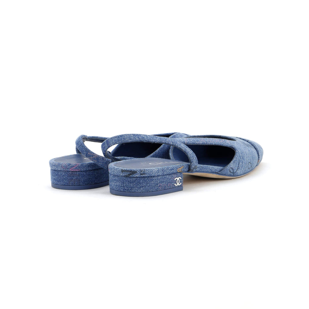 Women's Denim Mood Cap Toe Slingback Flats Logo Printed Denim