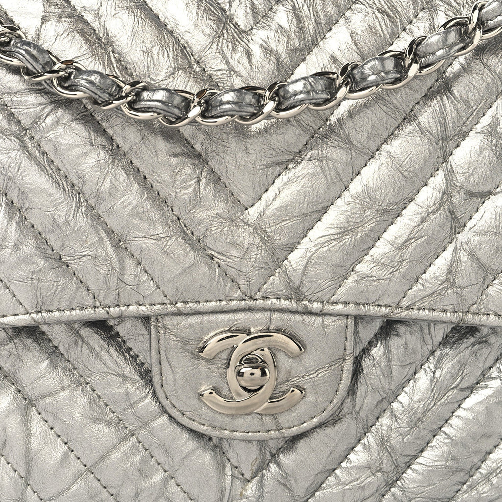 Metallic Patent Crumpled Calfskin Chevron Quilted Medium Double Flap Silver