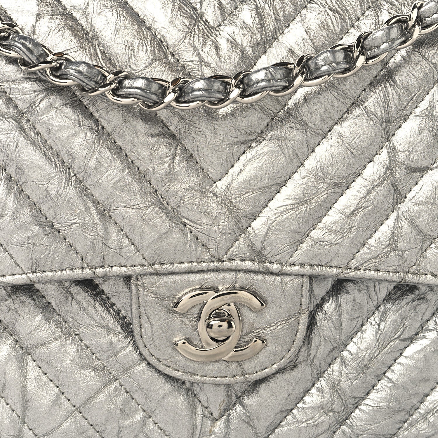 Metallic Patent Crumpled Calfskin Chevron Quilted Medium Double Flap Silver