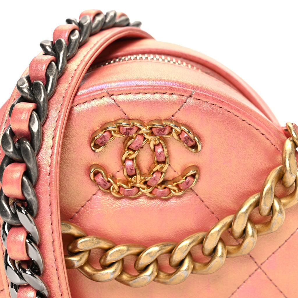 Iridescent Calfskin Quilted Chanel 19 Round Clutch With Chain Pink