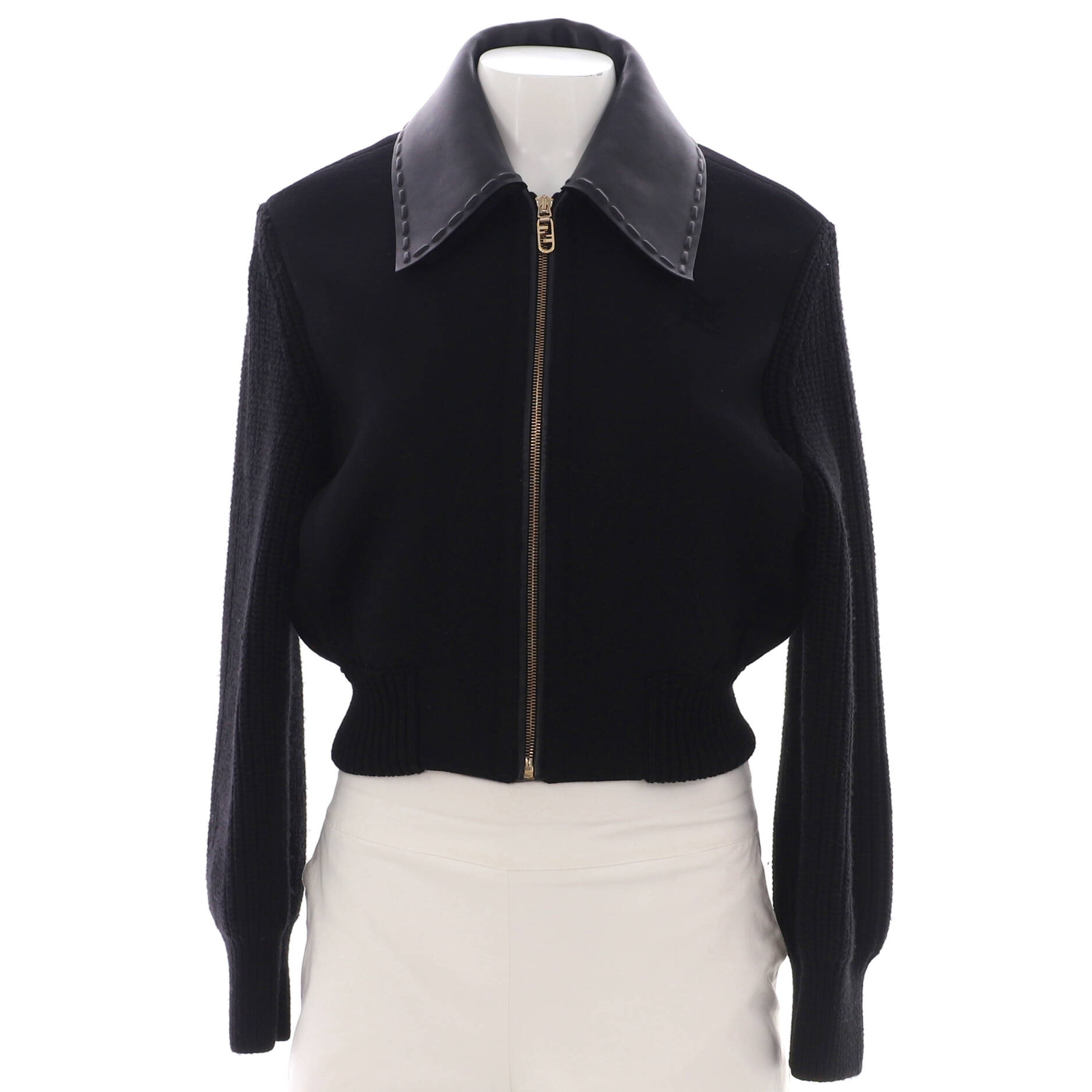 Women's Detachable Collar Zip Jacket Wool with Leather