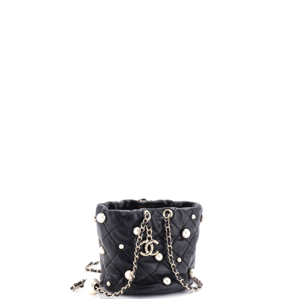 Drawstring Round Bucket Bag Pearl Embellished Quilted Lambskin Mini