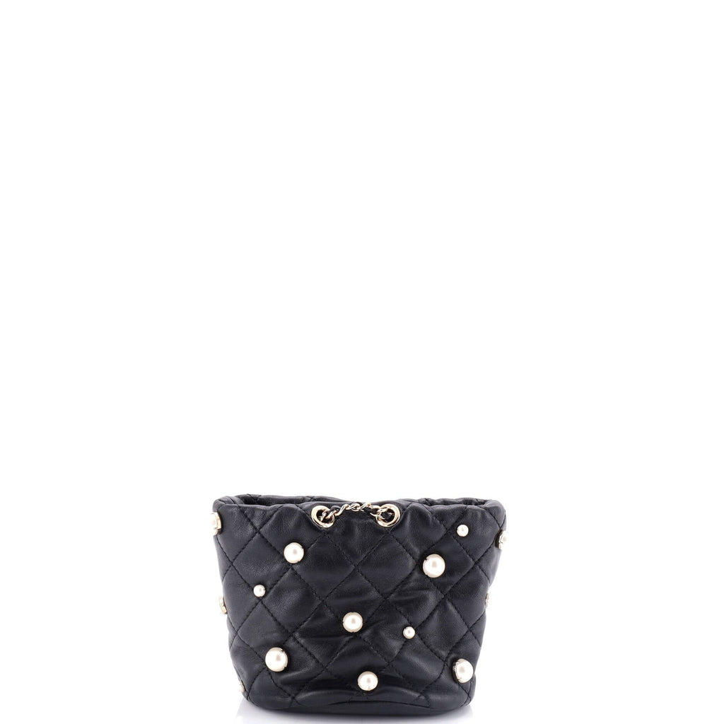 Drawstring Round Bucket Bag Pearl Embellished Quilted Lambskin Mini