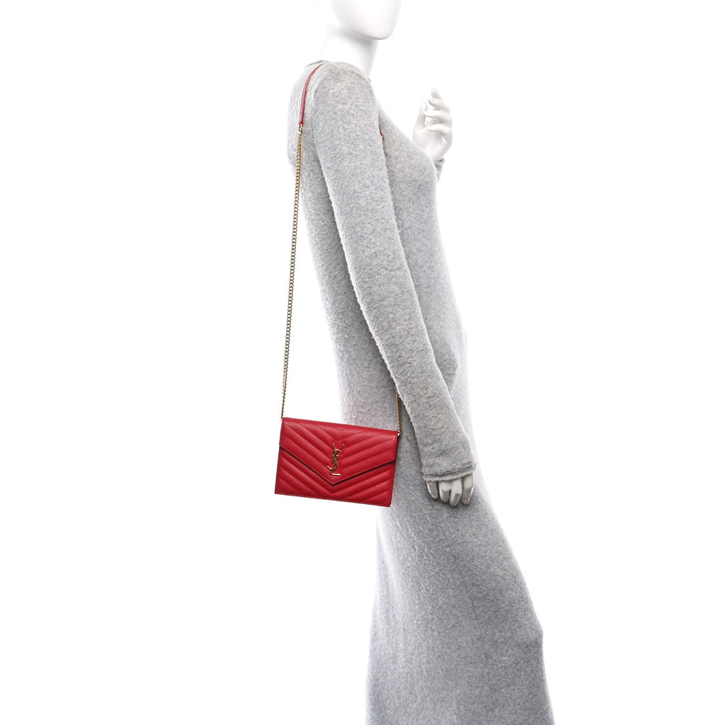 Grain De Poudre Matelasse Chevron Monogram Envelope Chain Wallet  New Red