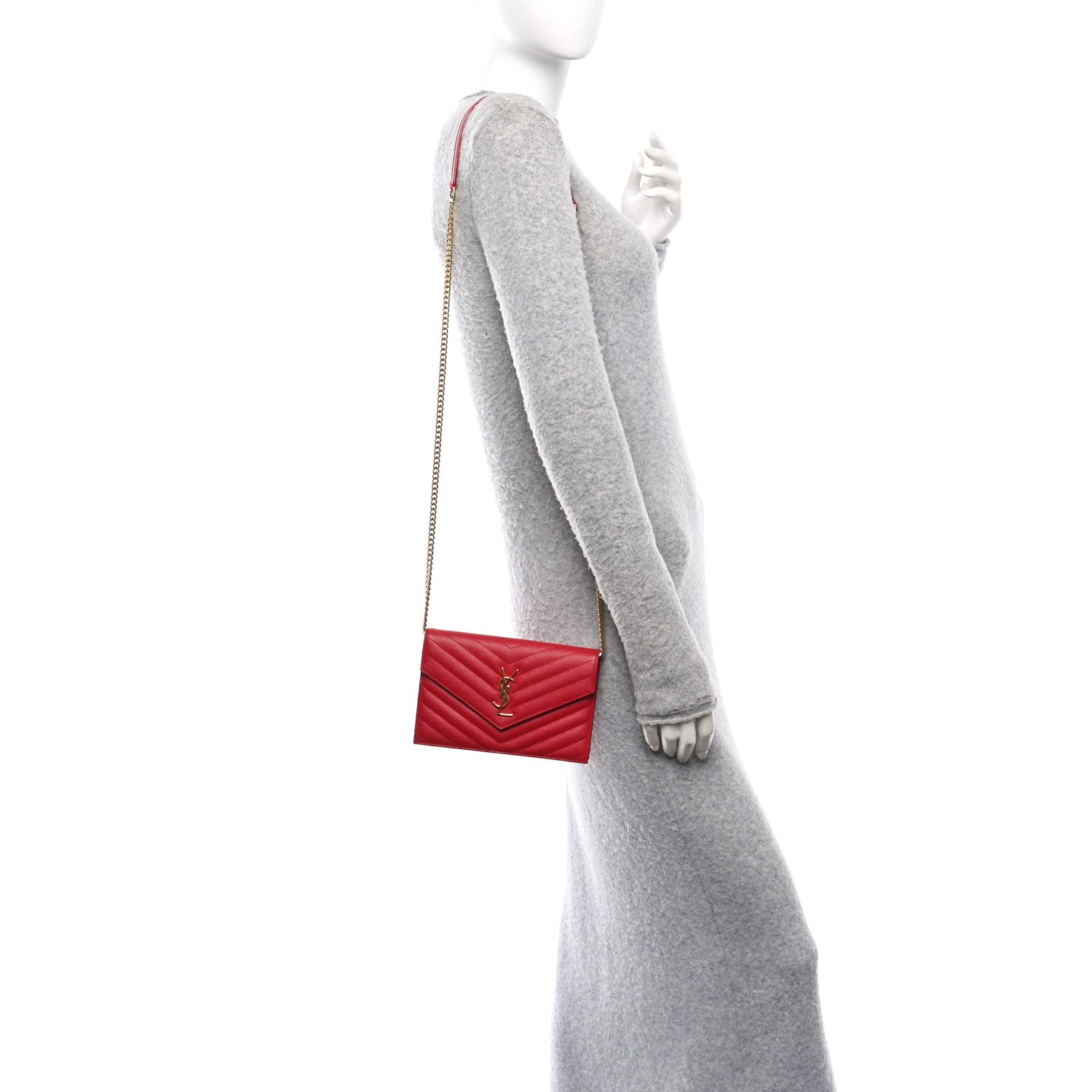 Grain De Poudre Matelasse Chevron Monogram Envelope Chain Wallet  New Red