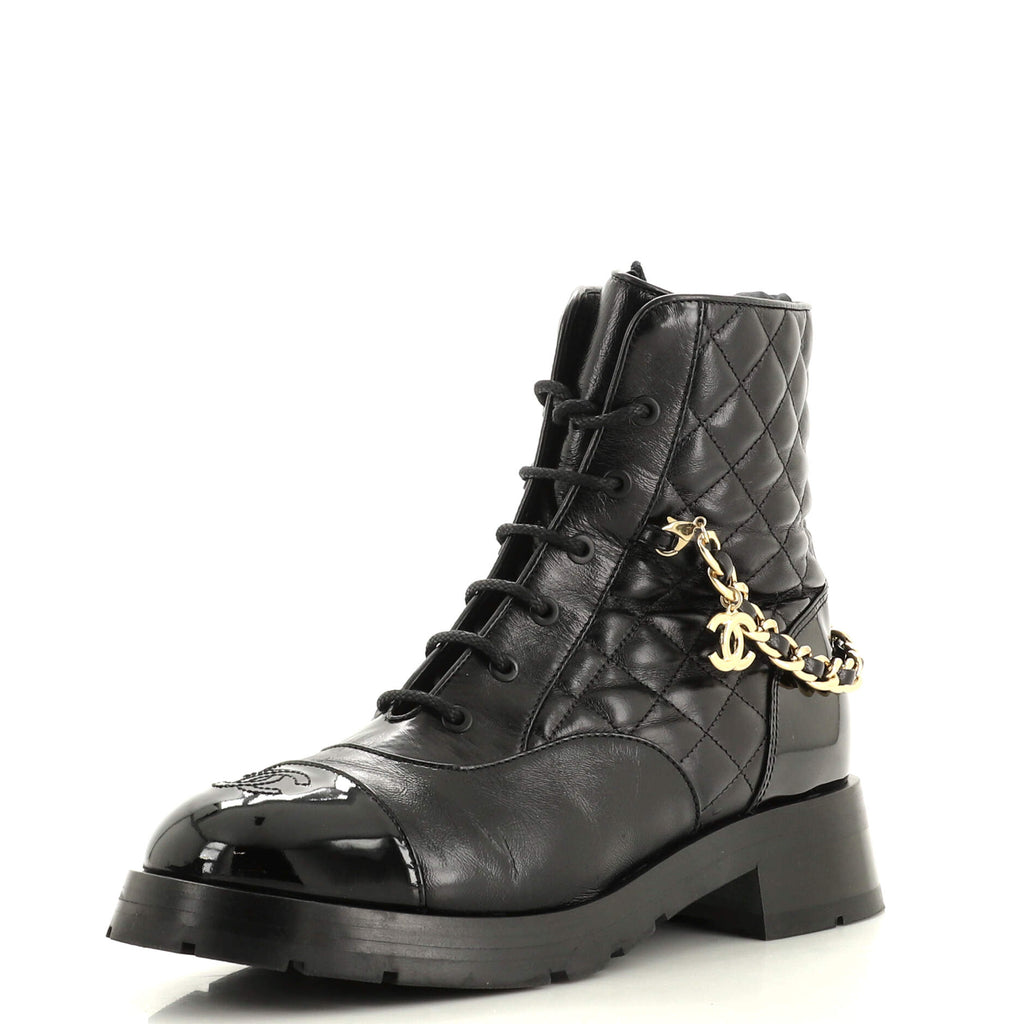 Women's Charm Chain CC Cap Toe Combat Boots Quilted Leather