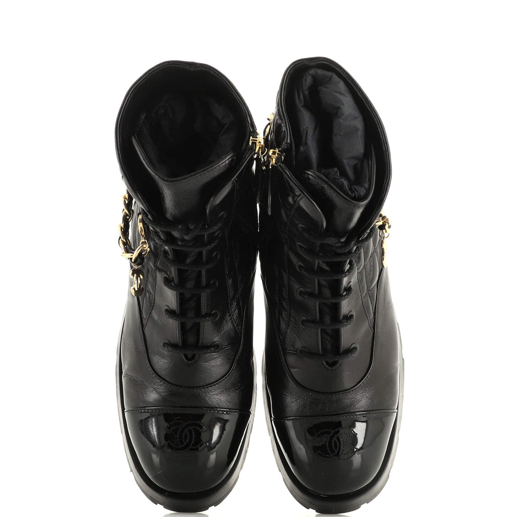 Women's Charm Chain CC Cap Toe Combat Boots Quilted Leather