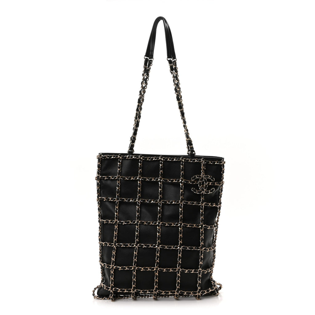 Lambskin Large Shopping Chain Tote Black