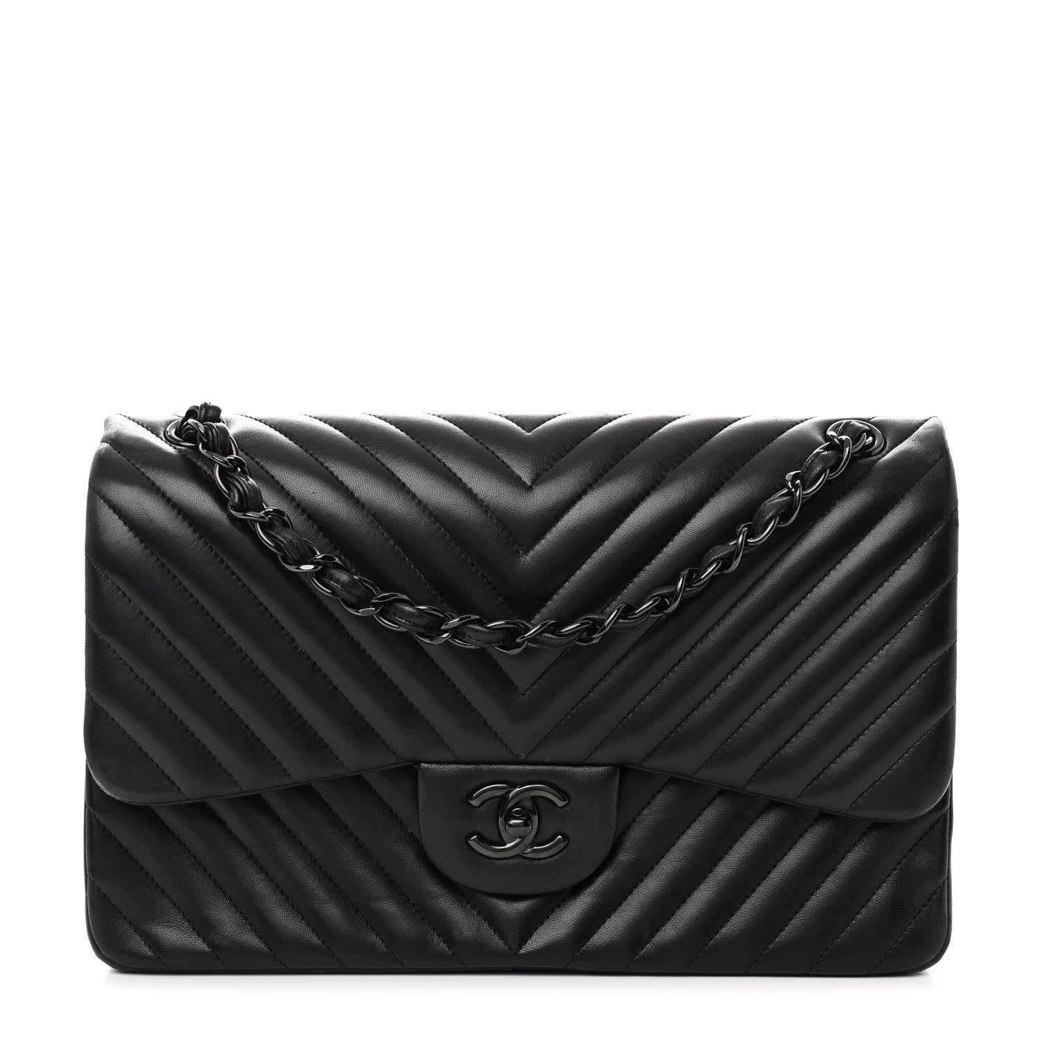 Lambskin Chevron Quilted Jumbo Double Flap So Black