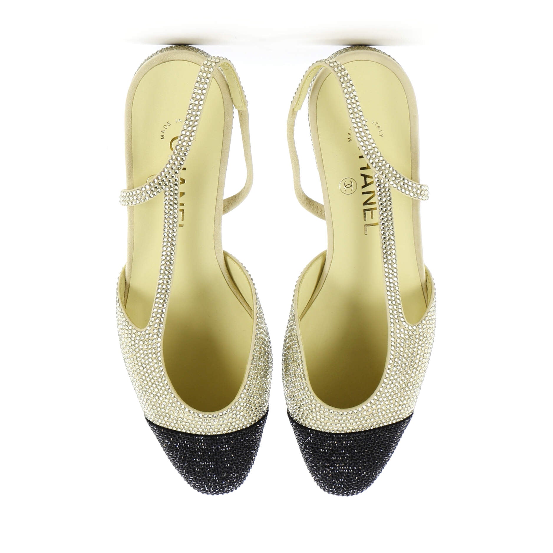 Women's Cap Toe CC Slingback Flats Crystal Embellished Suede and Grosgrain