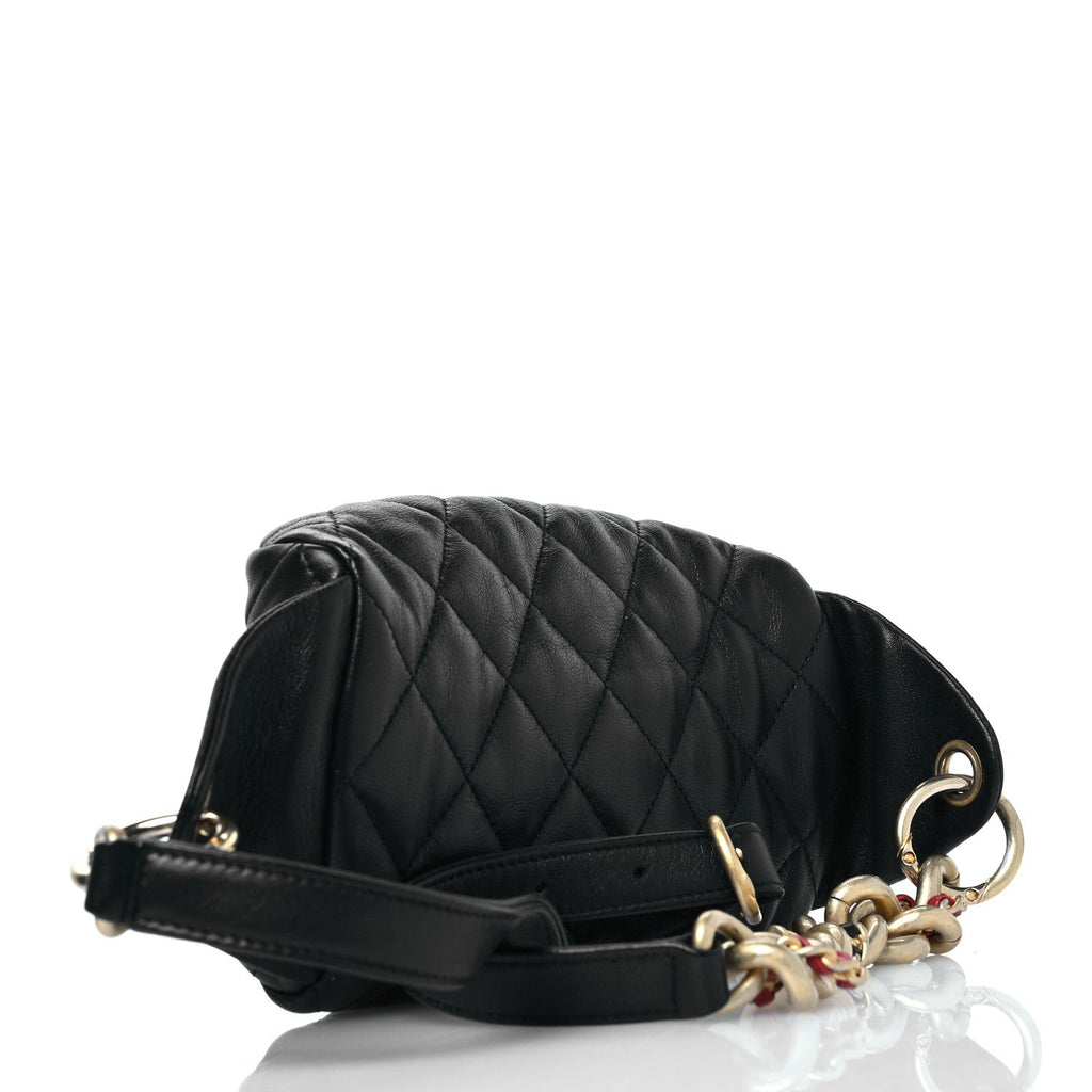 Lambskin Quilted Linked In Waist Bag Black