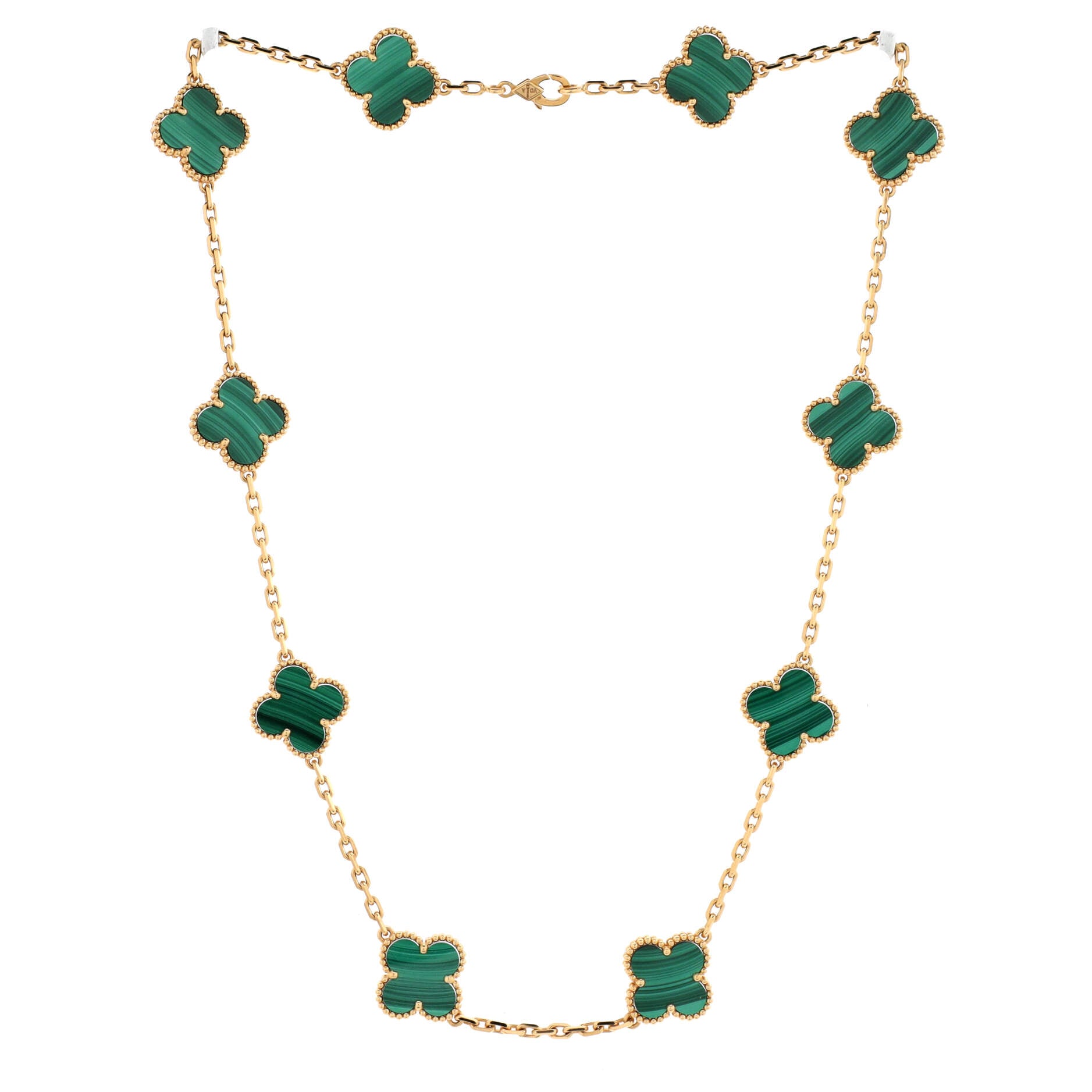 Vintage Alhambra 10 Motifs Necklace 18K Yellow Gold and Malachite