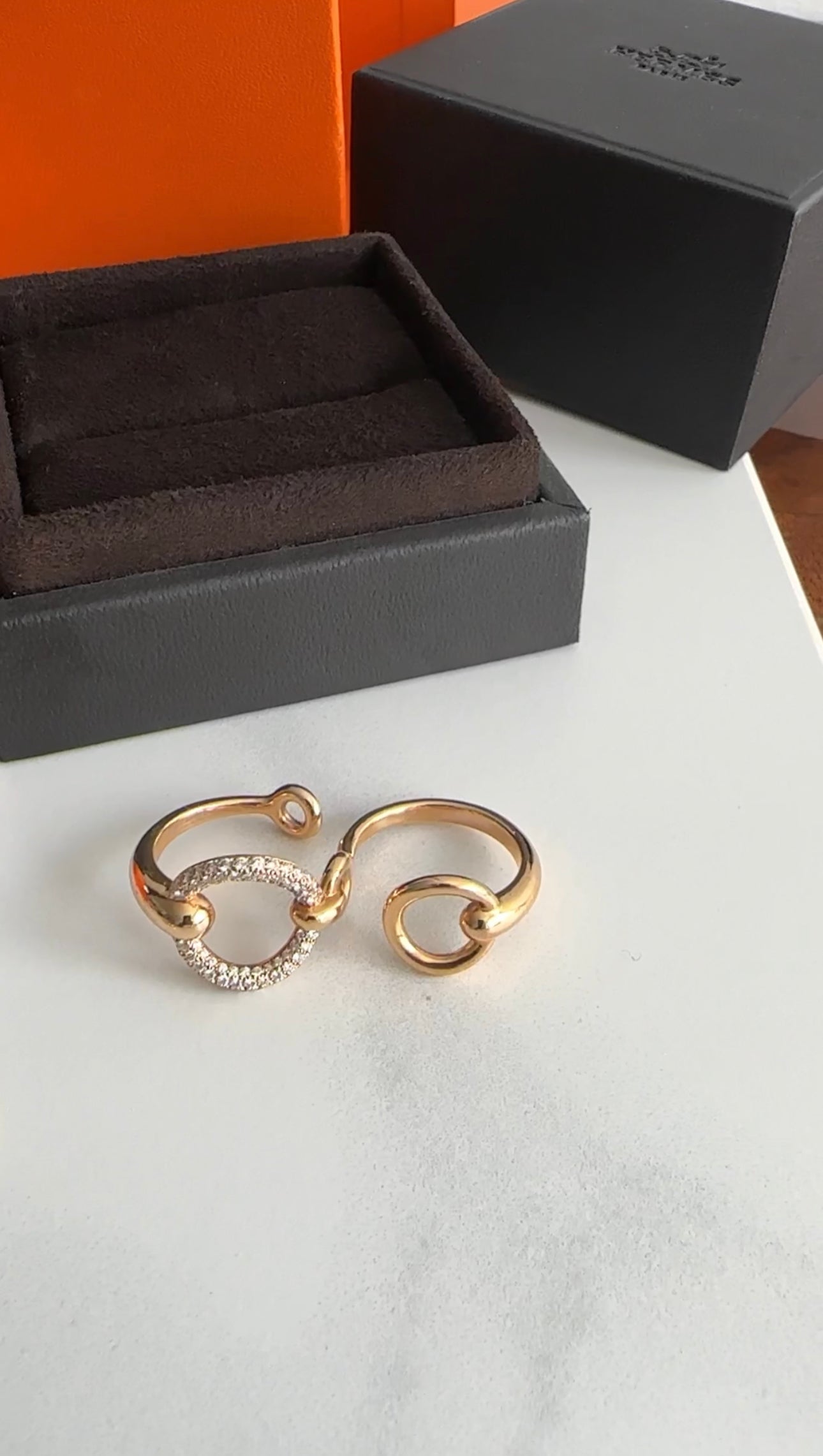 Hermes Filet D’Or 18k Rose Gold Diamond Double Ring Large Size - 52 / 6