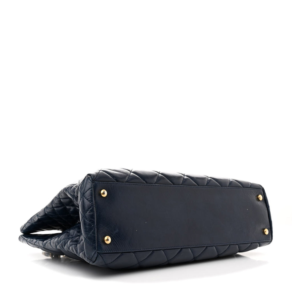 Glazed Calfskin Quilted Daily Walk Tote Navy