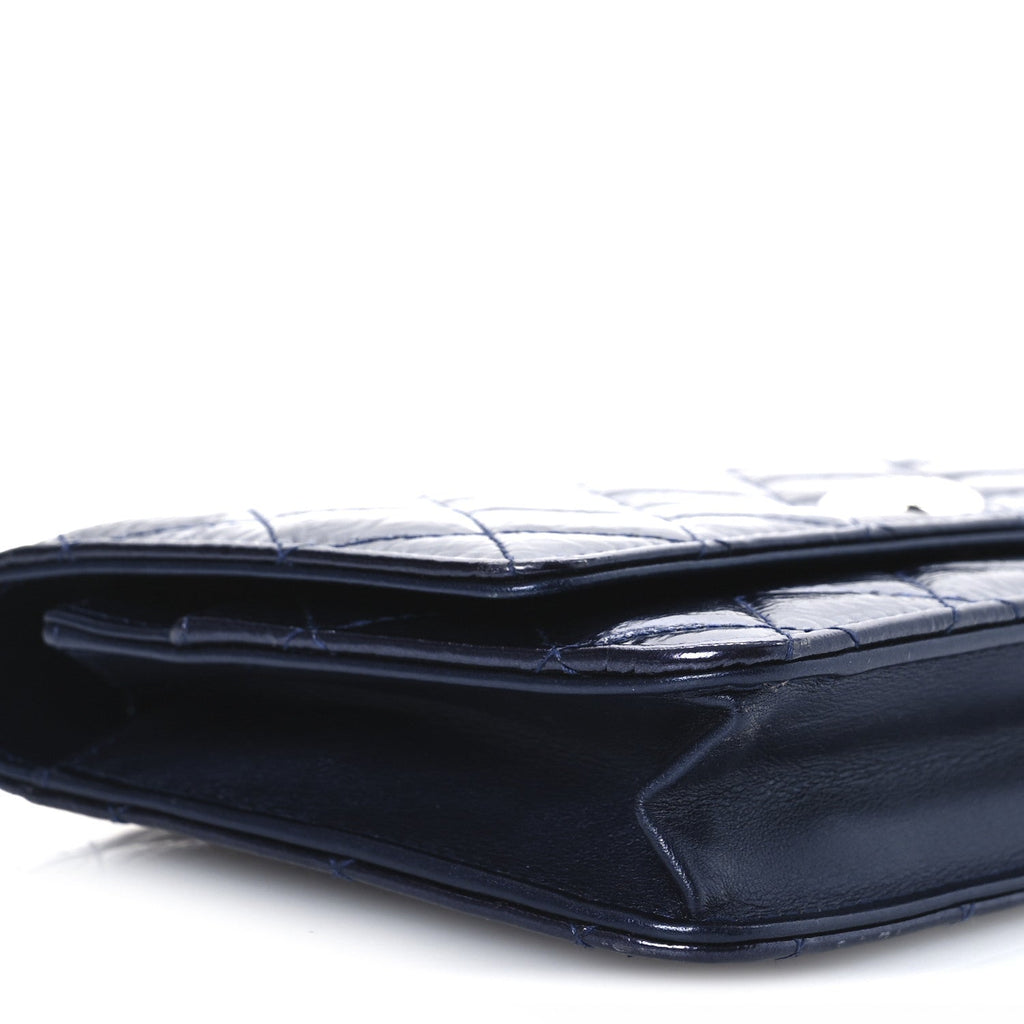 Patent Metallic Crumpled Calfskin Quilted Wallet On Chain WOC Navy