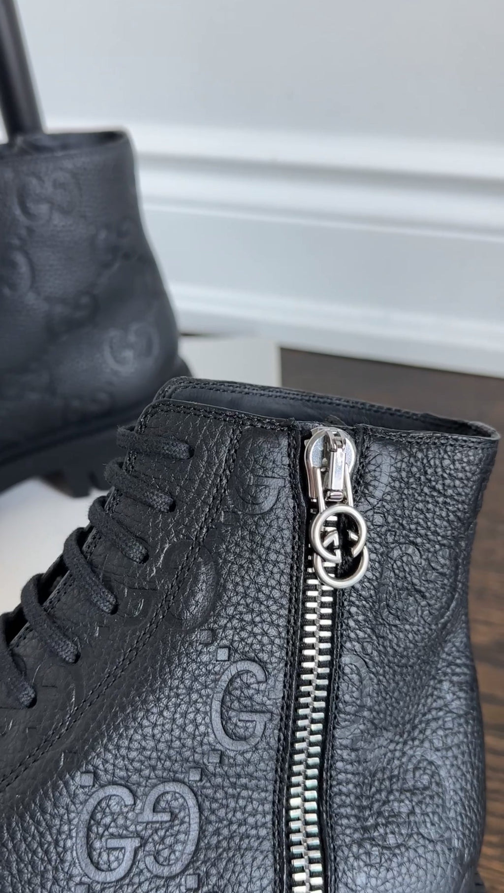 Gucci Black Leather GG Embossed Zip Combat Boots - 39.5