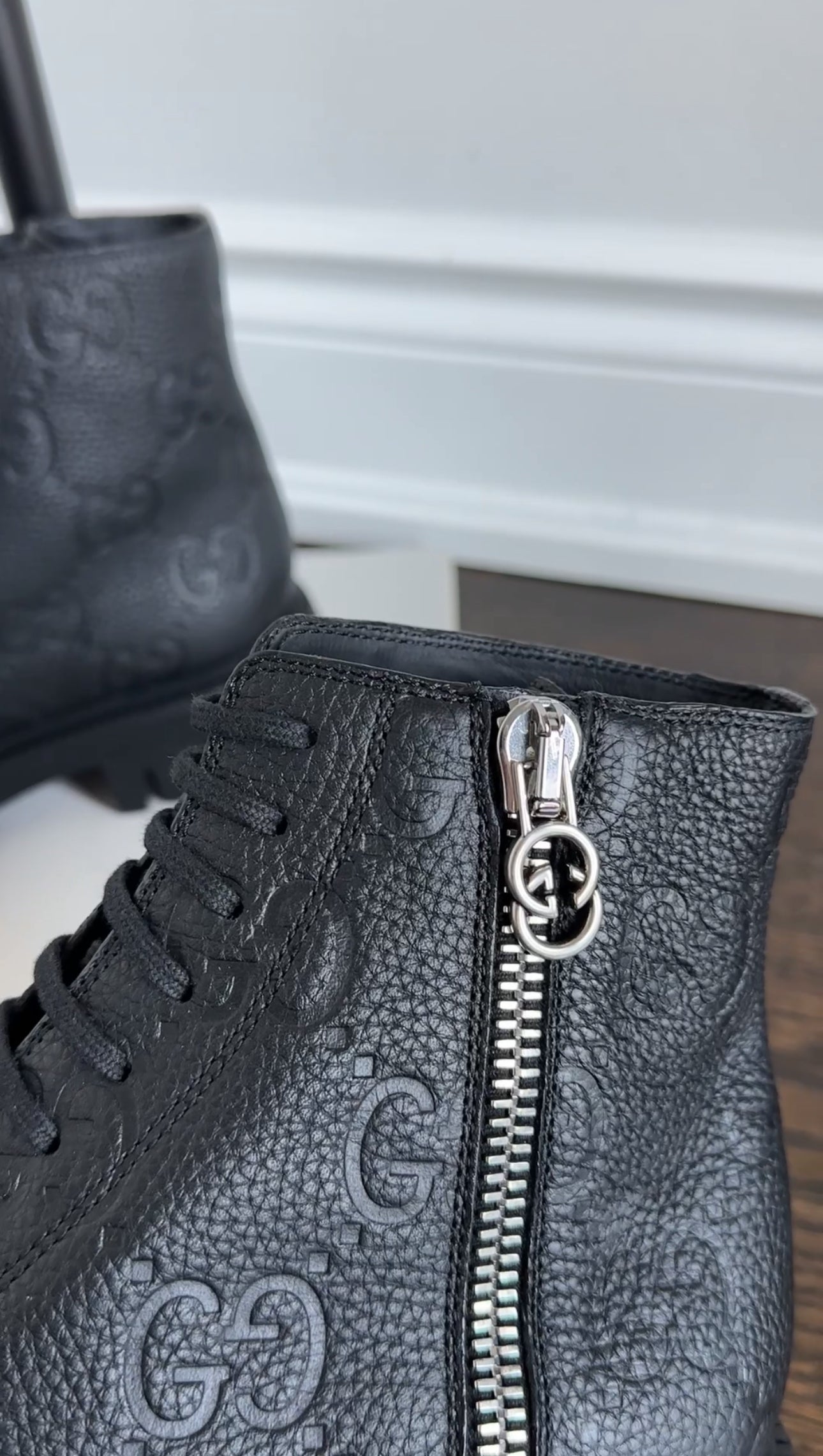 Gucci Black Leather GG Embossed Zip Combat Boots - 39.5