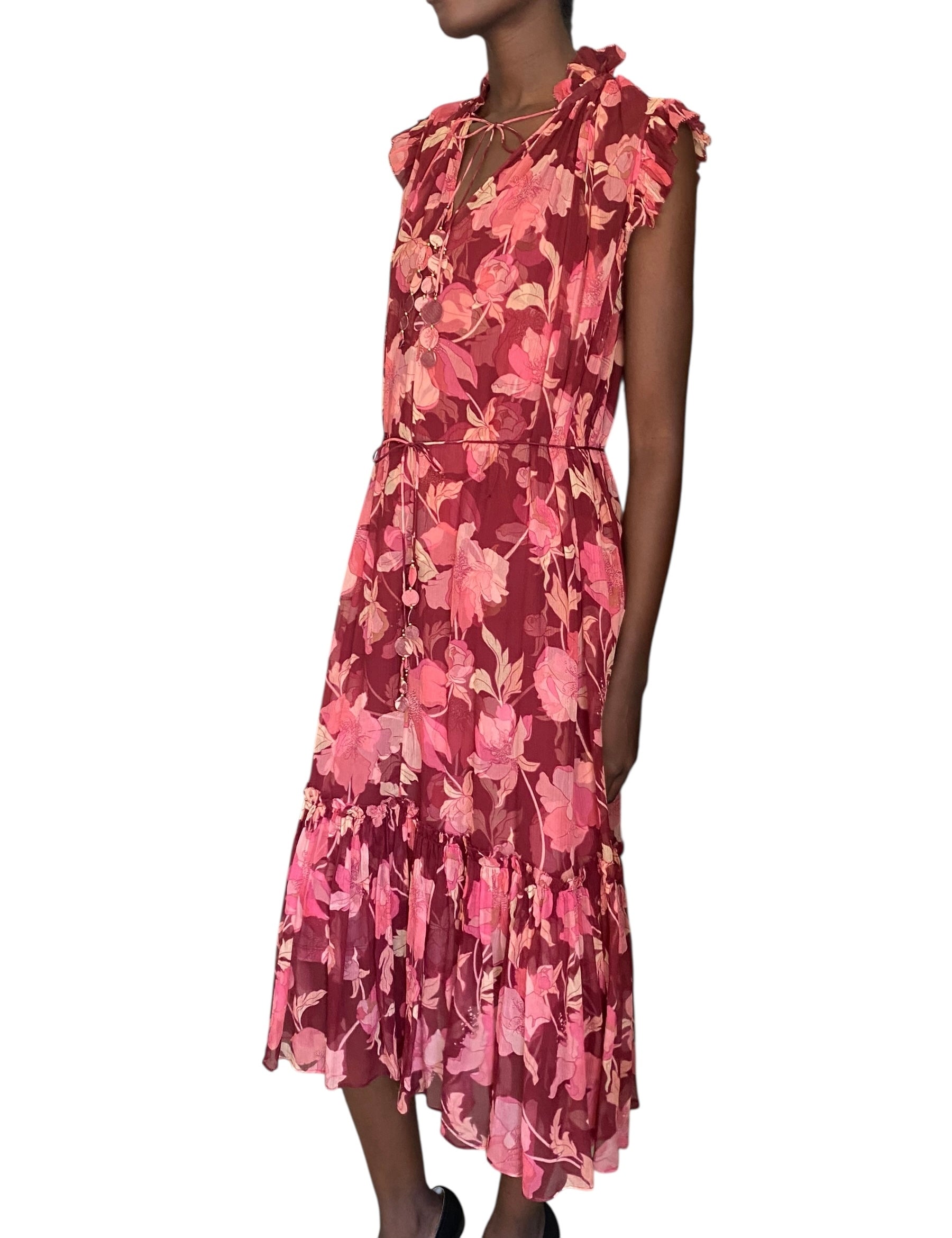 Zimmerman Burgundy Floral Silk Concert Flutter Maxi Dress - 2