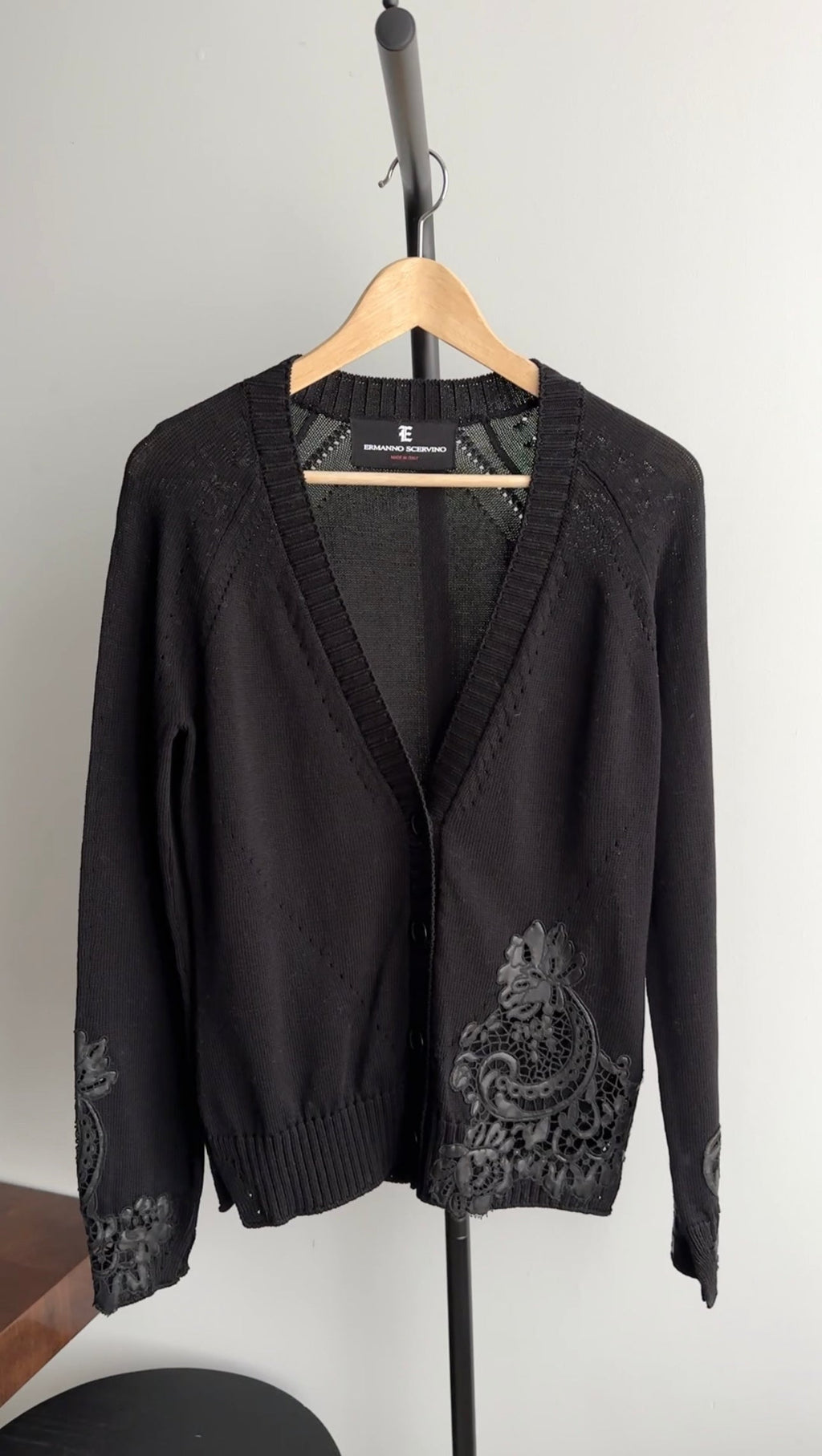 Ermanno Scervino Black Knit and Guipuire Lace Leather igan - S