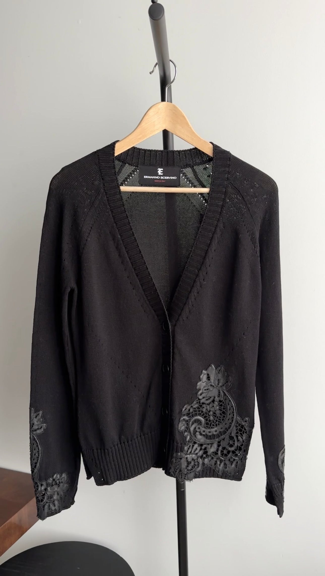 Ermanno Scervino Black Knit and Guipuire Lace Leather igan - S
