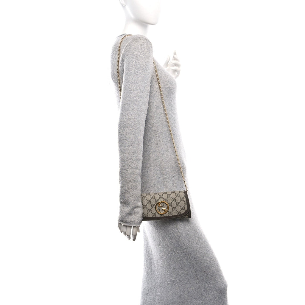 GG Supreme Monogram Textured Dollar Calfskin Blondie Continental Chain Wallet Beige Ebony New Acero