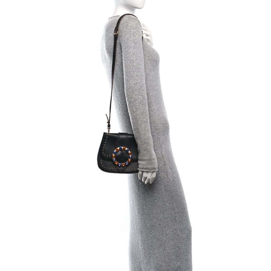 Goatskin Madras Soft Calfskin Crystal Embellished Lady Saddle Black