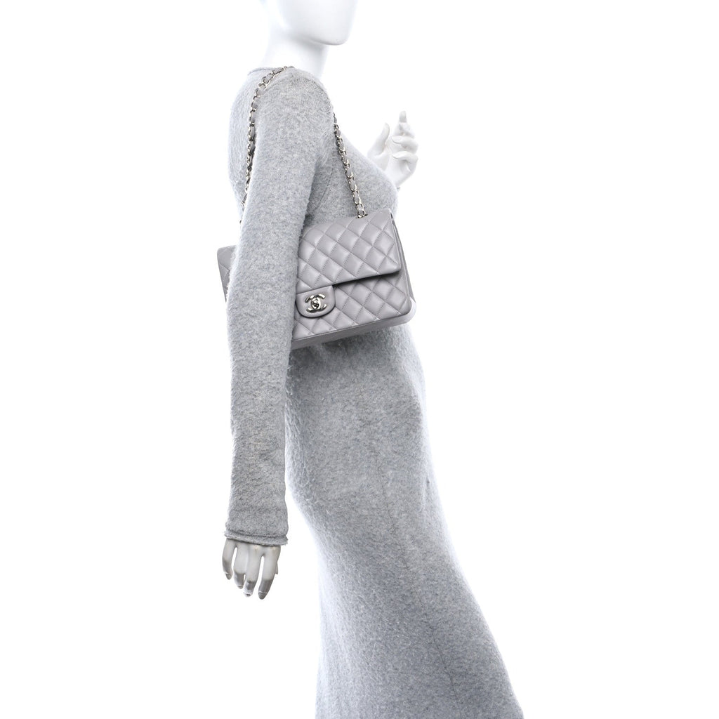 Lambskin Quilted Medium Double Flap Grey