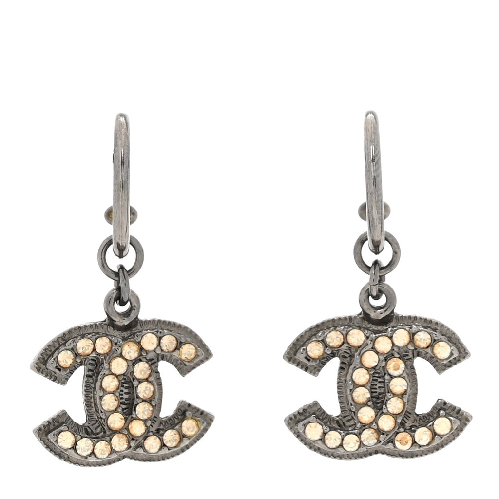 Metal Crystal CC Hoop Drop Earrings Silver