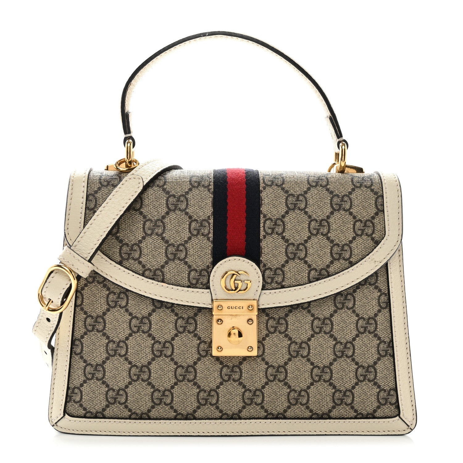 GG Supreme Monogram Textured Dollar Calfskin Web Small Ophidia Padlock Top Handle Bag Beige Ebony Mystic White