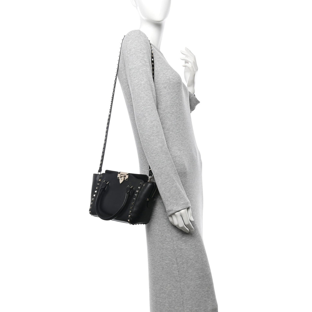 Vitello Mini Rockstud Double Handle Tote Black
