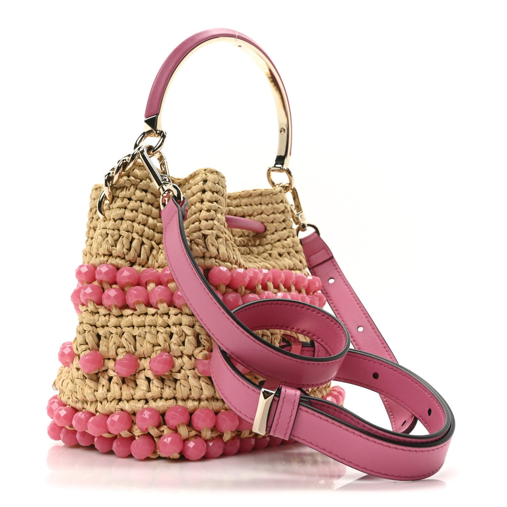 Calfskin Raffia Beaded Bon Bon Bucket Bag Beige Pink
