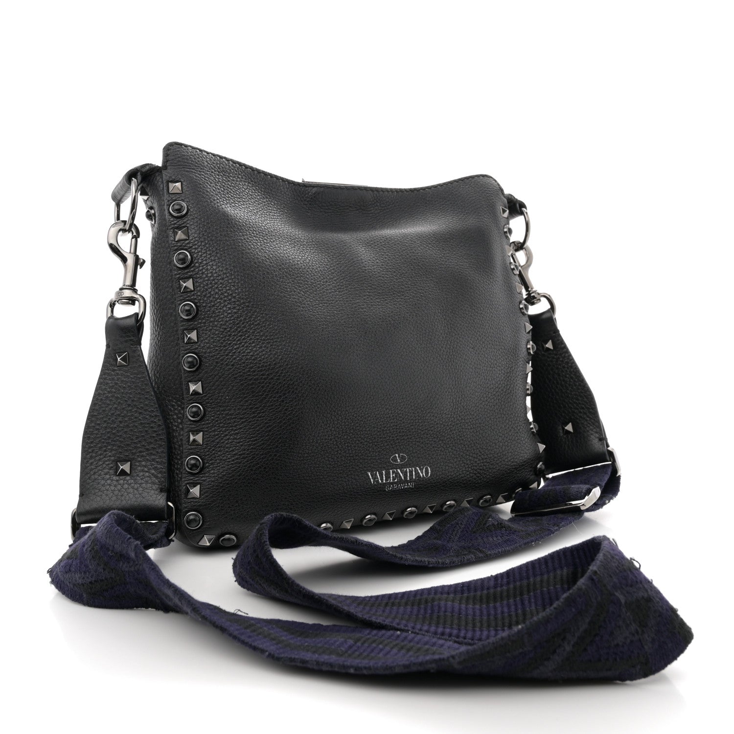 Pebbled Calfskin Onyx Small Rockstud Rolling Flip-Lock Messenger Bag Black