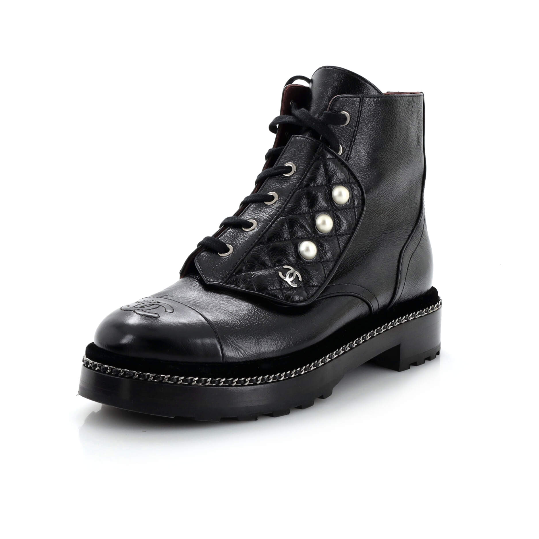 Women's Cap Toe CC Chain Around Pearl Combat Boots Leather