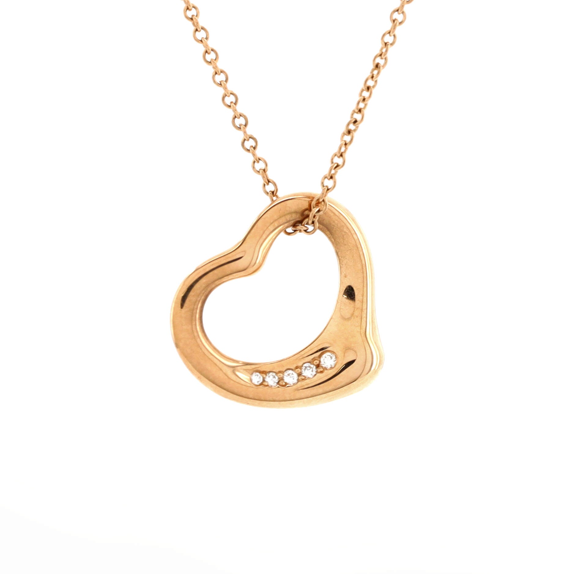 Elsa Peretti Open Heart 5 Diamonds Pendant Necklace 18K Rose Gold with Diamonds