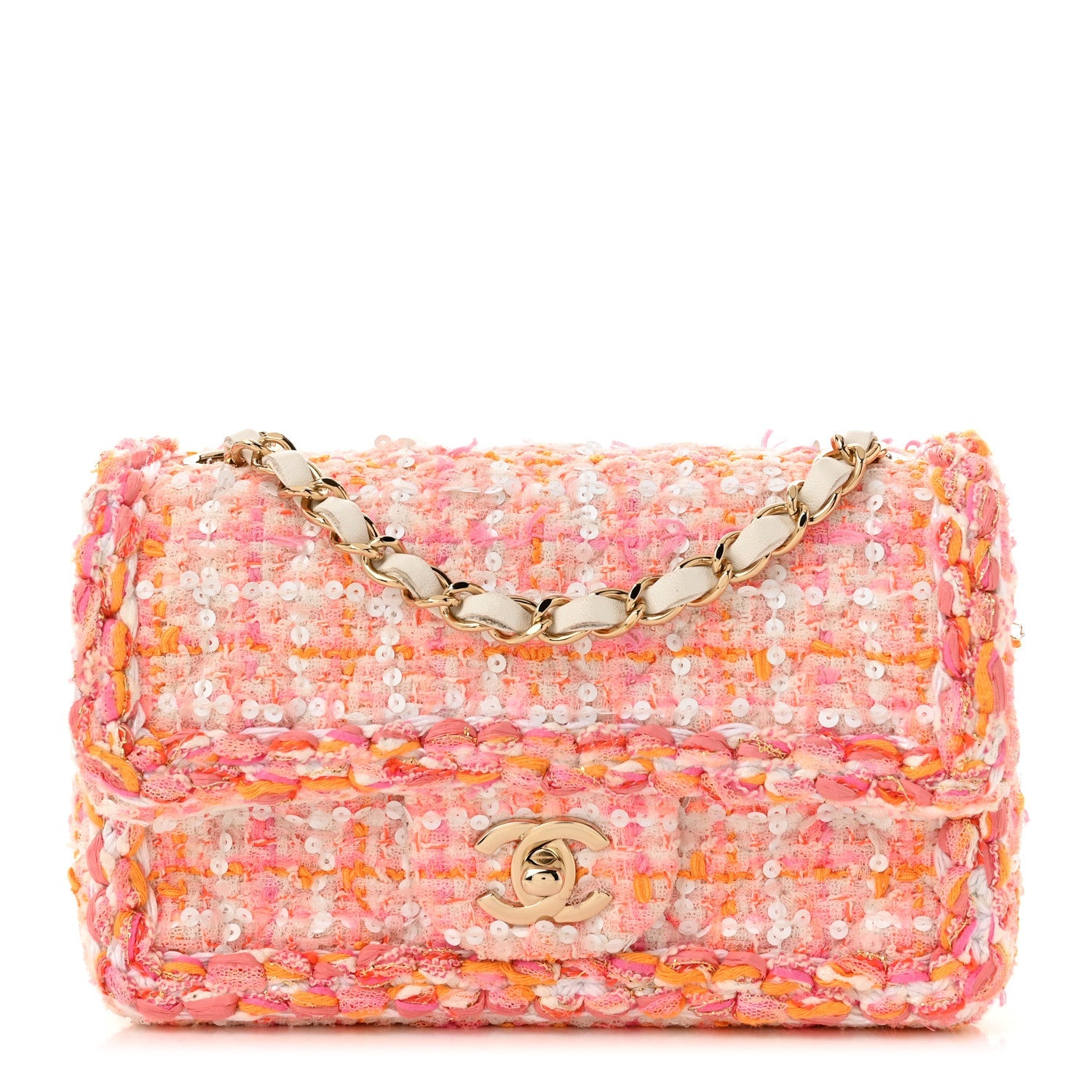 Tweed Braid Sequin Mini Flap White Pink Orange