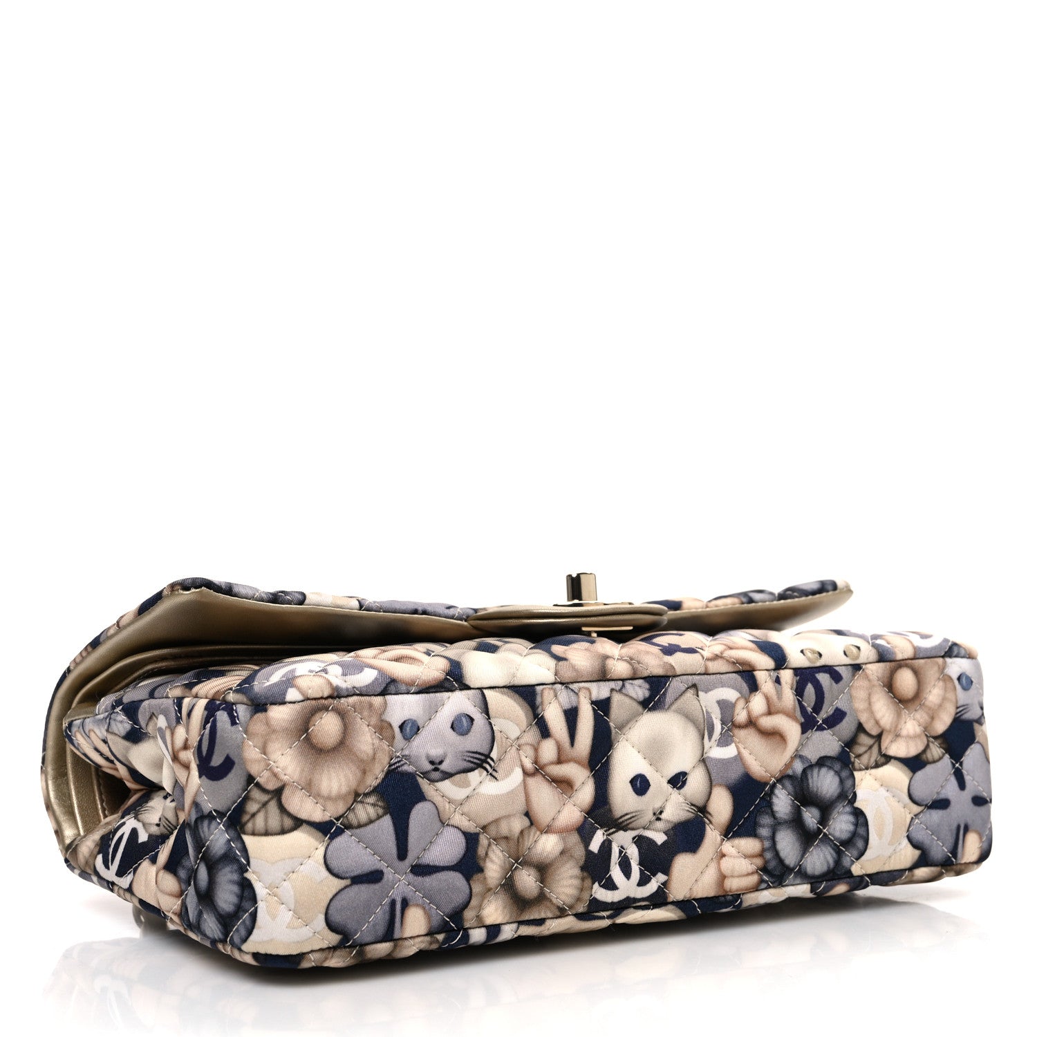 Nylon Quilted Medium Cat Emoticon Double Flap Navy Grey Ecru