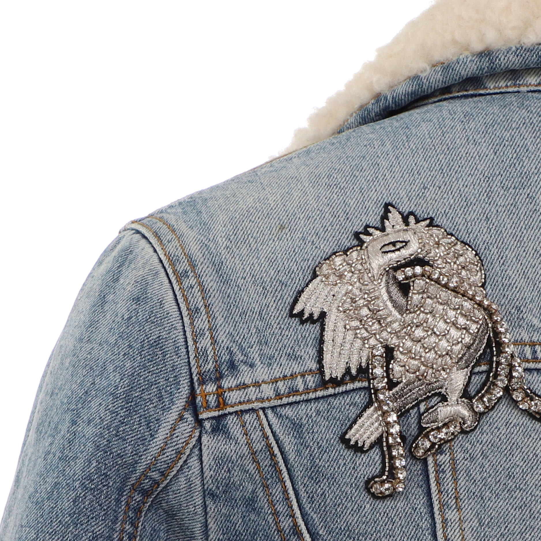 Women's Fitted Button Up Jacket Embellished Denim with Shearling
