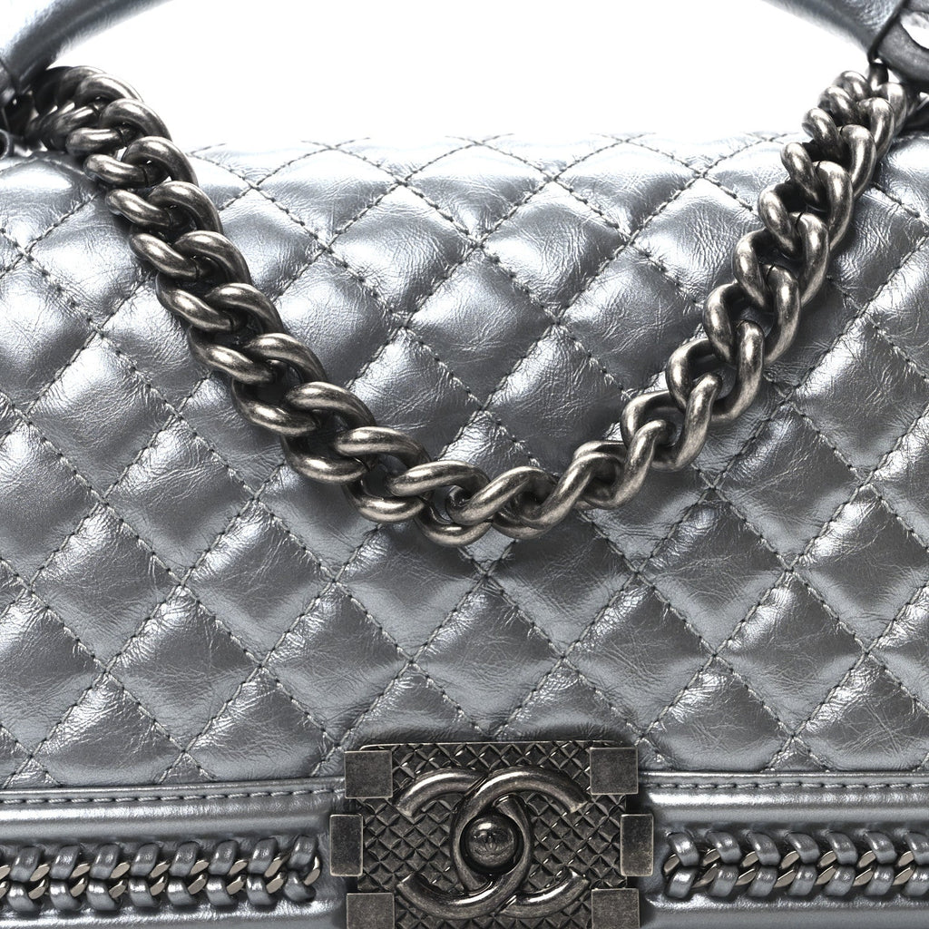 Metallic Calfskin Quilted Medium Top Handle Boy Flap Silver
