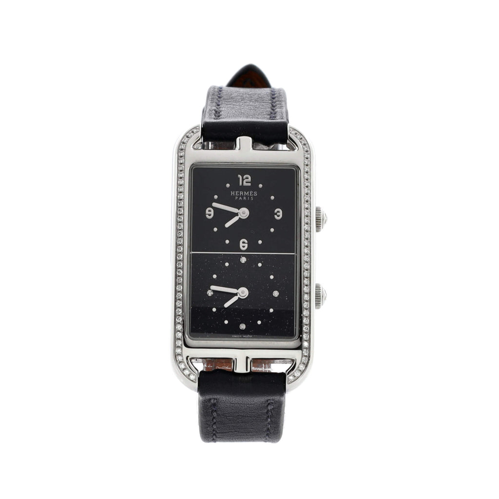 Nantucket Dual Time Quartz Watch Stainless Steel and Leather with Diamond Bezel and Diamond Aventurine Dial 22