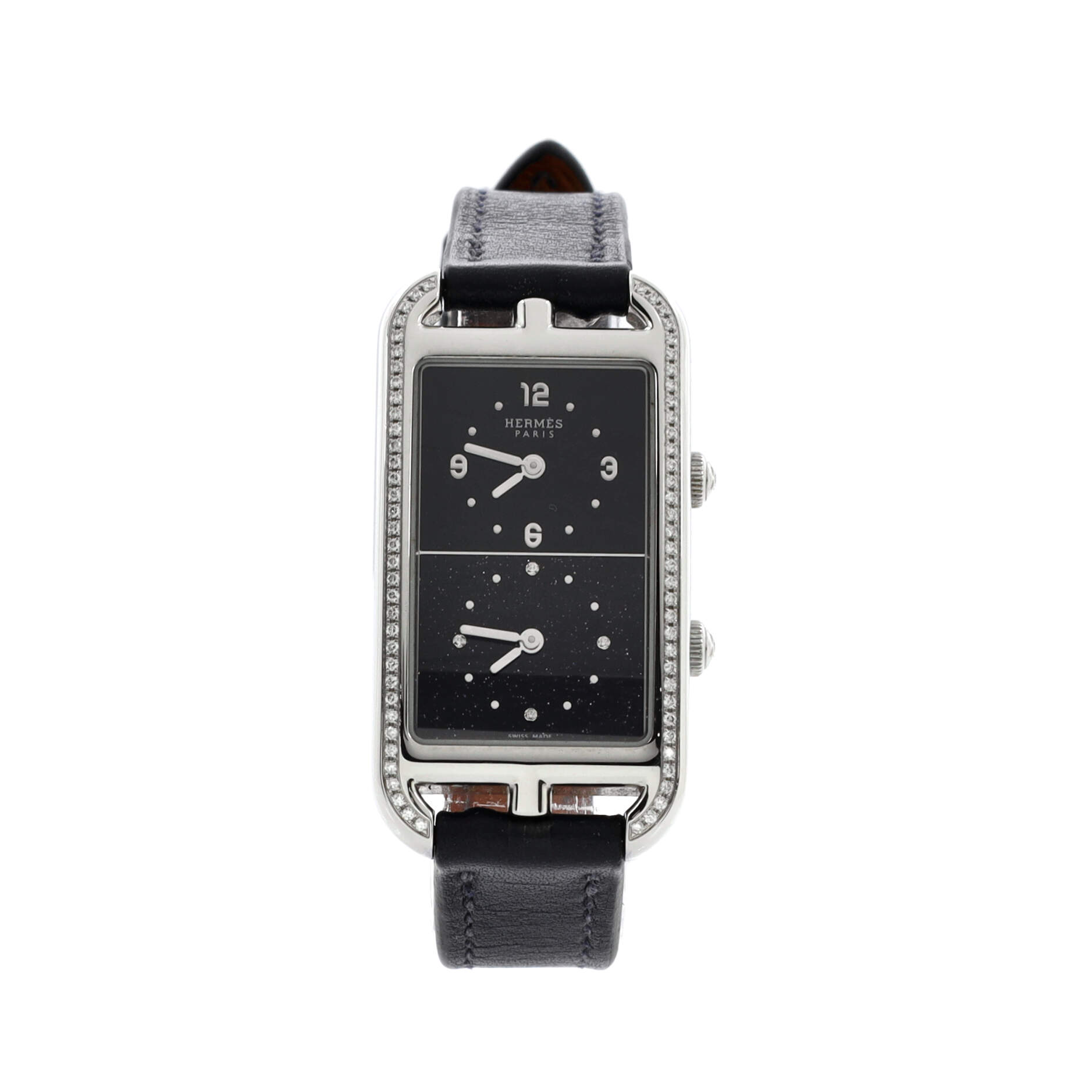 Nantucket Dual Time Quartz Watch Stainless Steel and Leather with Diamond Bezel and Diamond Aventurine Dial 22