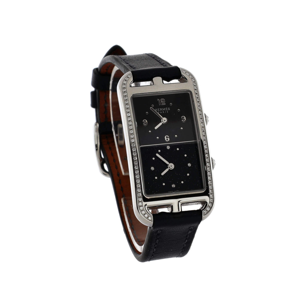 Nantucket Dual Time Quartz Watch Stainless Steel and Leather with Diamond Bezel and Diamond Aventurine Dial 22