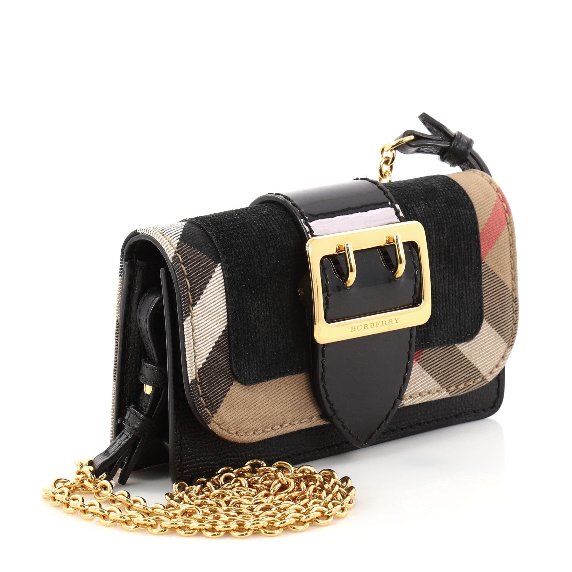 Buckle Chain Wallet House Check and Leather Mini