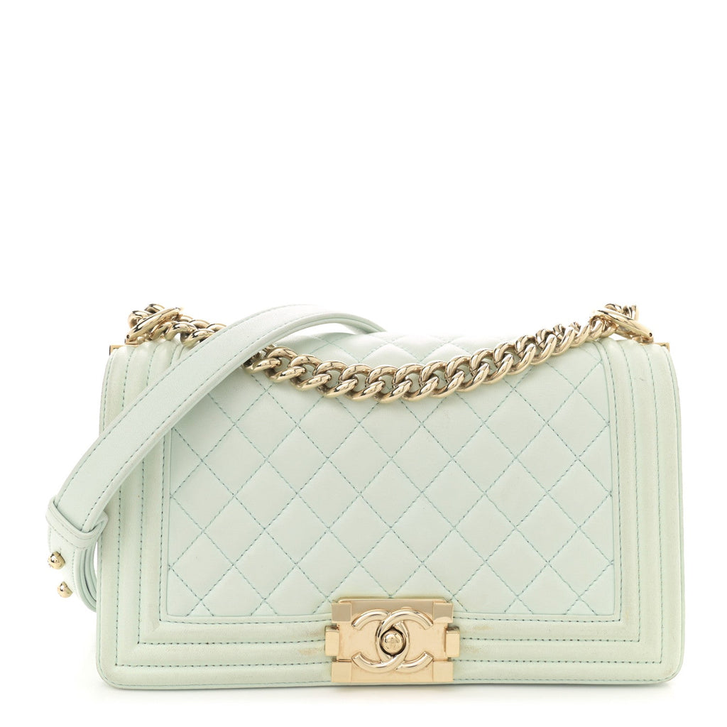 Lambskin Quilted Medium Boy Flap Light Green