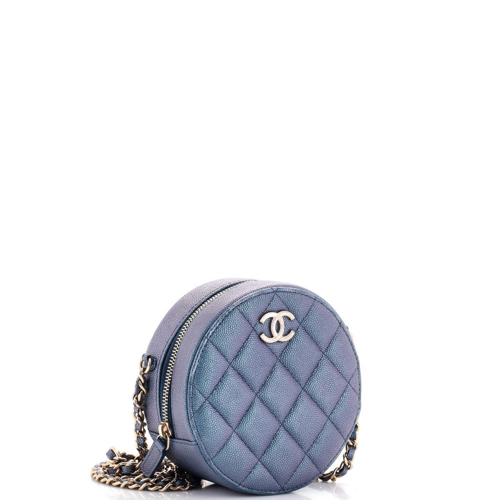 Round Clutch with Chain Quilted Iridescent Caviar Mini