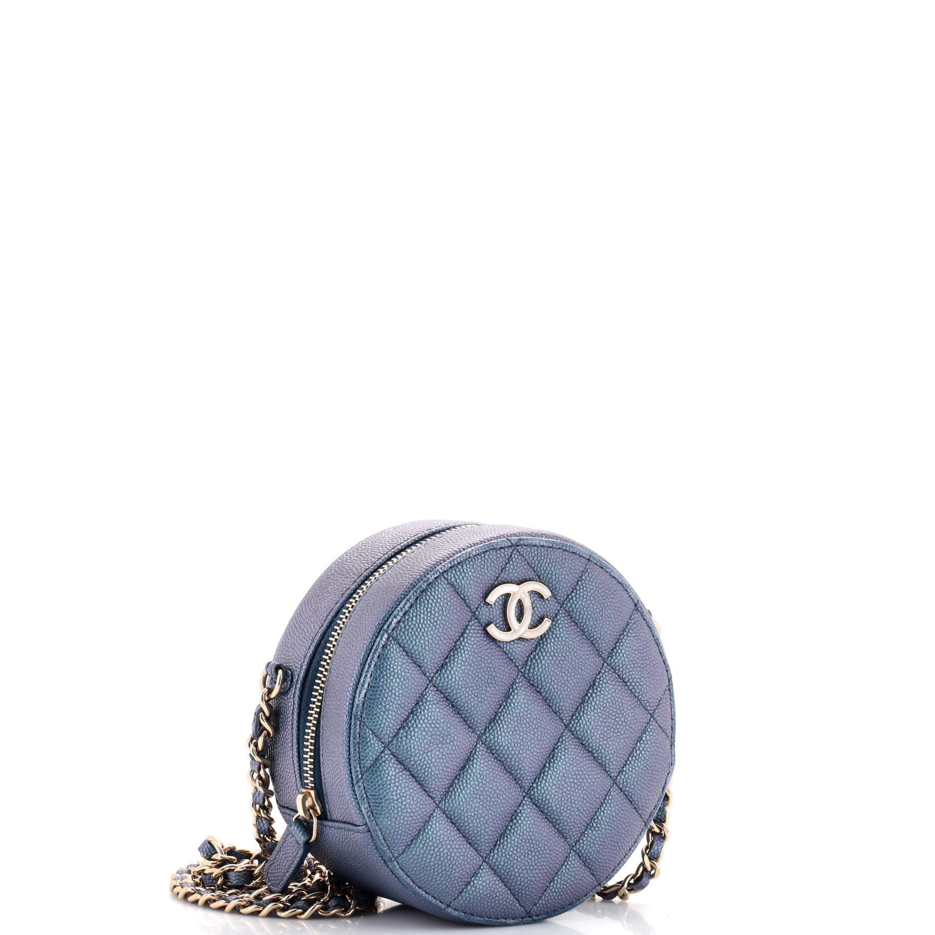 Round Clutch with Chain Quilted Iridescent Caviar Mini