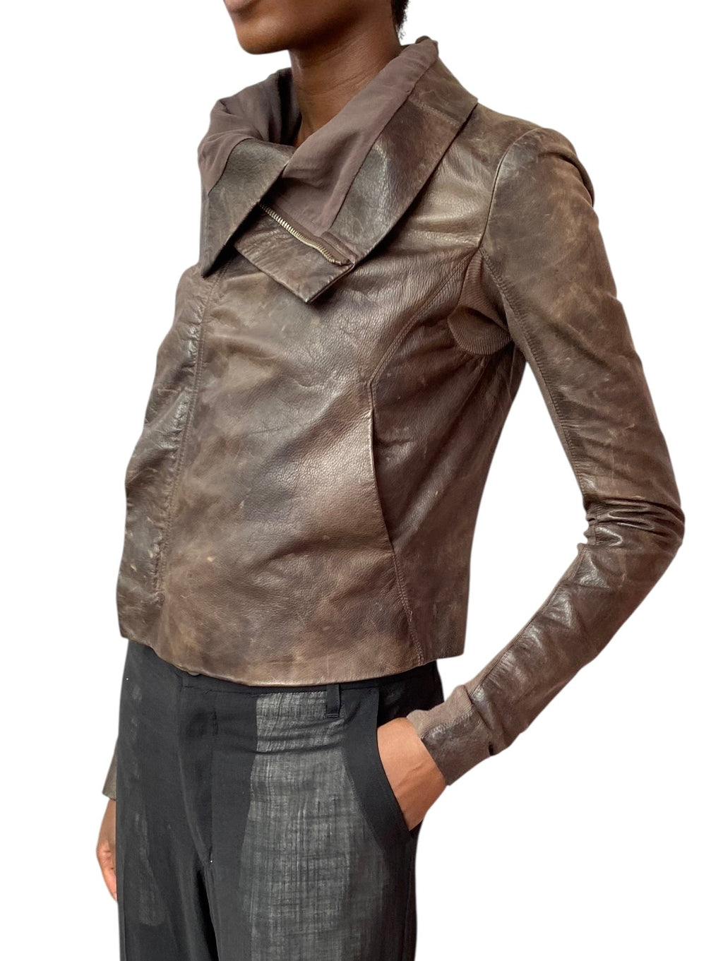 Rick Owens Brown Distressed Leather Biker Jacket - US 8
