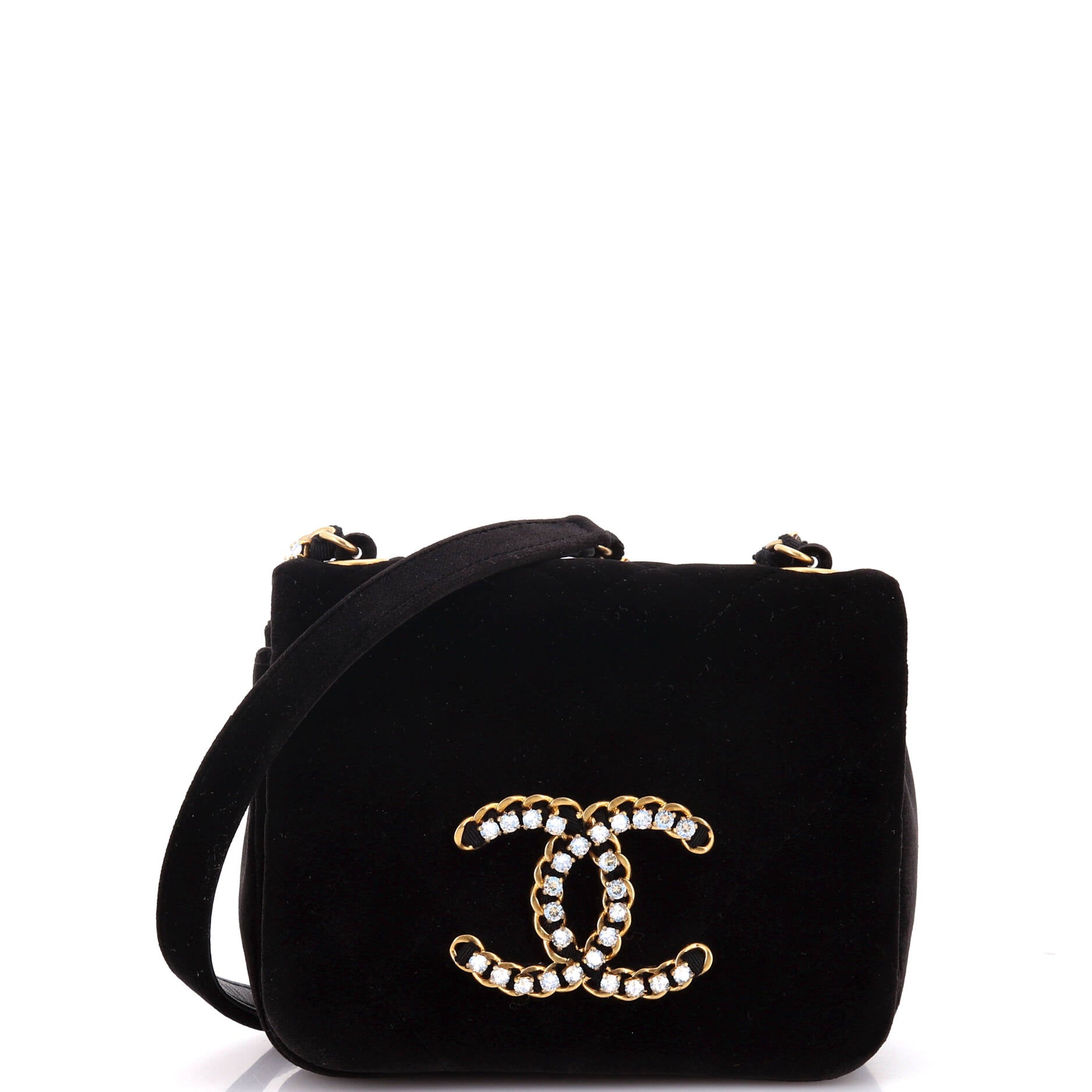 Crystal CC Full Flap Bag Quilted Velvet Mini