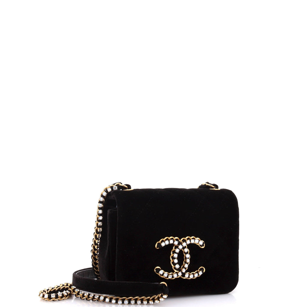 Crystal CC Full Flap Bag Quilted Velvet Mini