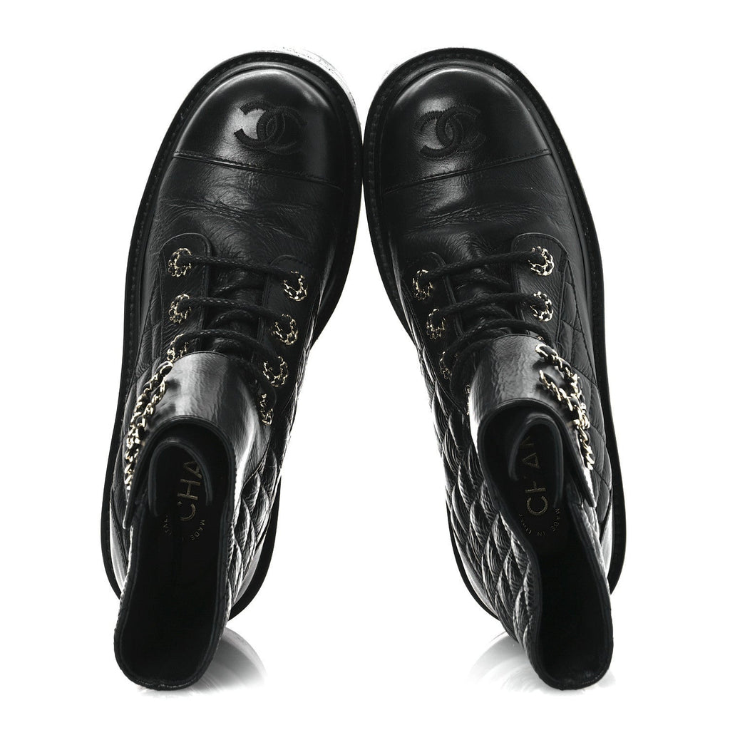 Shiny Goatskin Calfskin Quilted Lace Up Combat Boots 37 Black